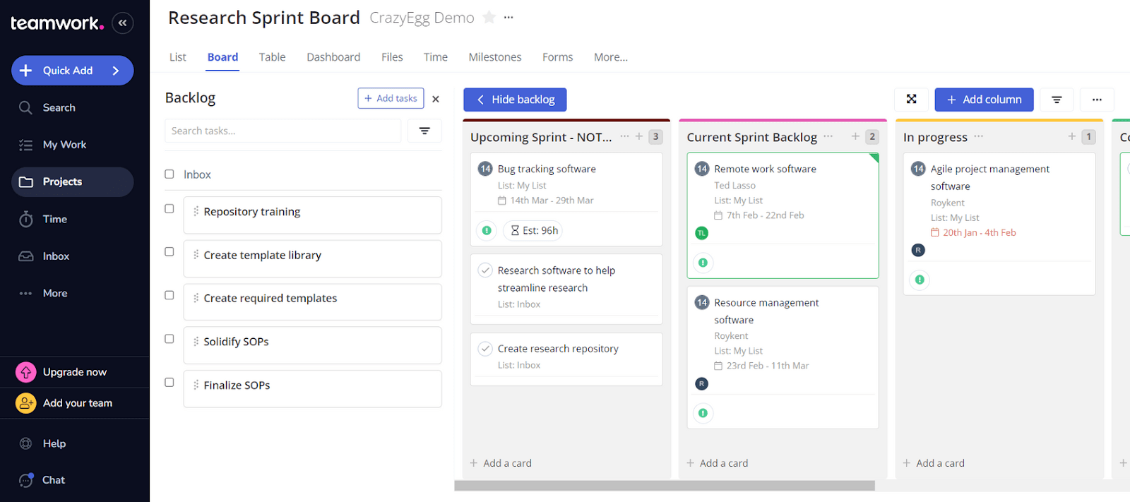 Viewing a sprint in Teamwork's Kanban board view