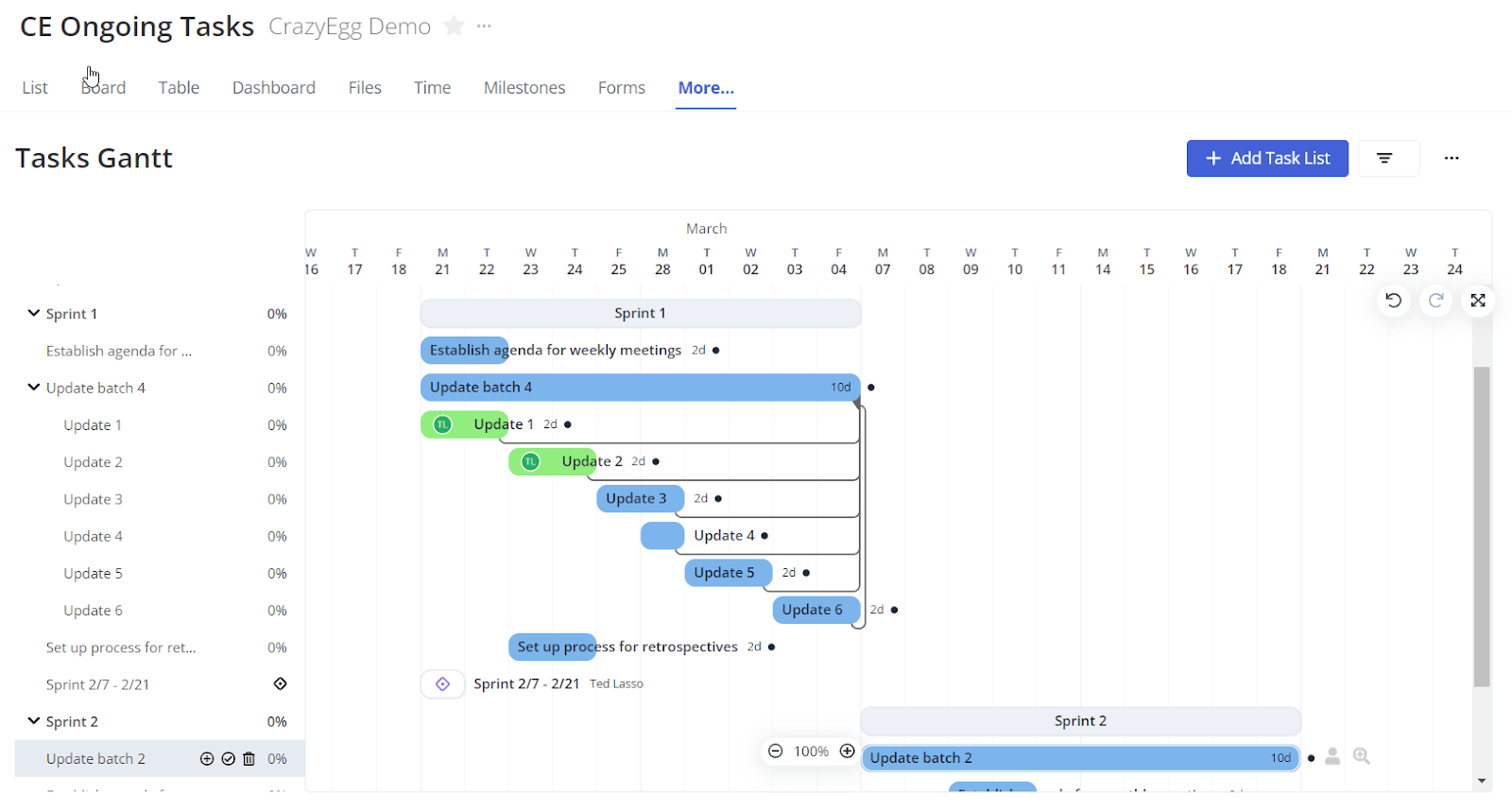 Using Gantt charts as timeline view in Teamwork