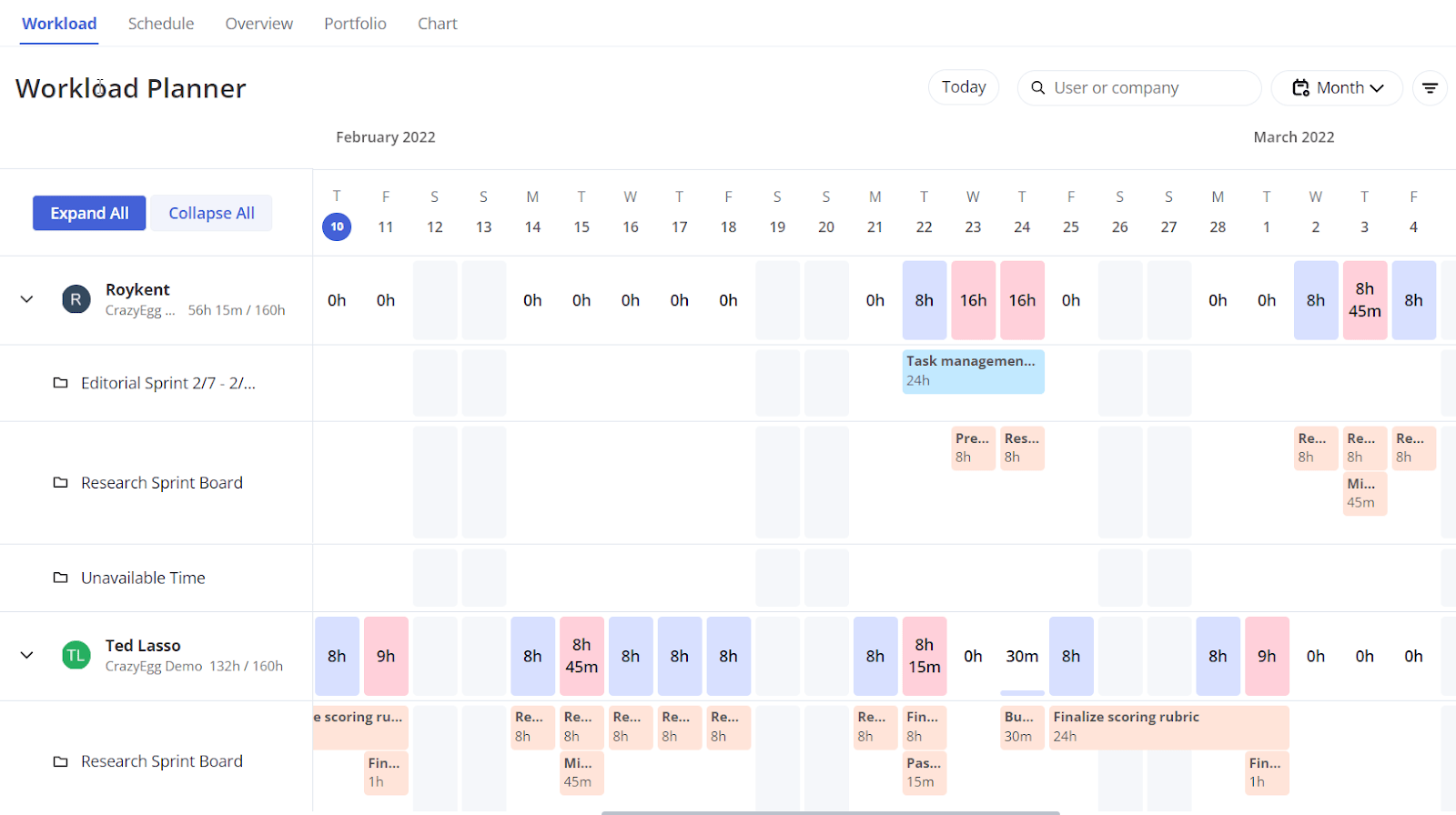 Managing monthly workload in Teamwork