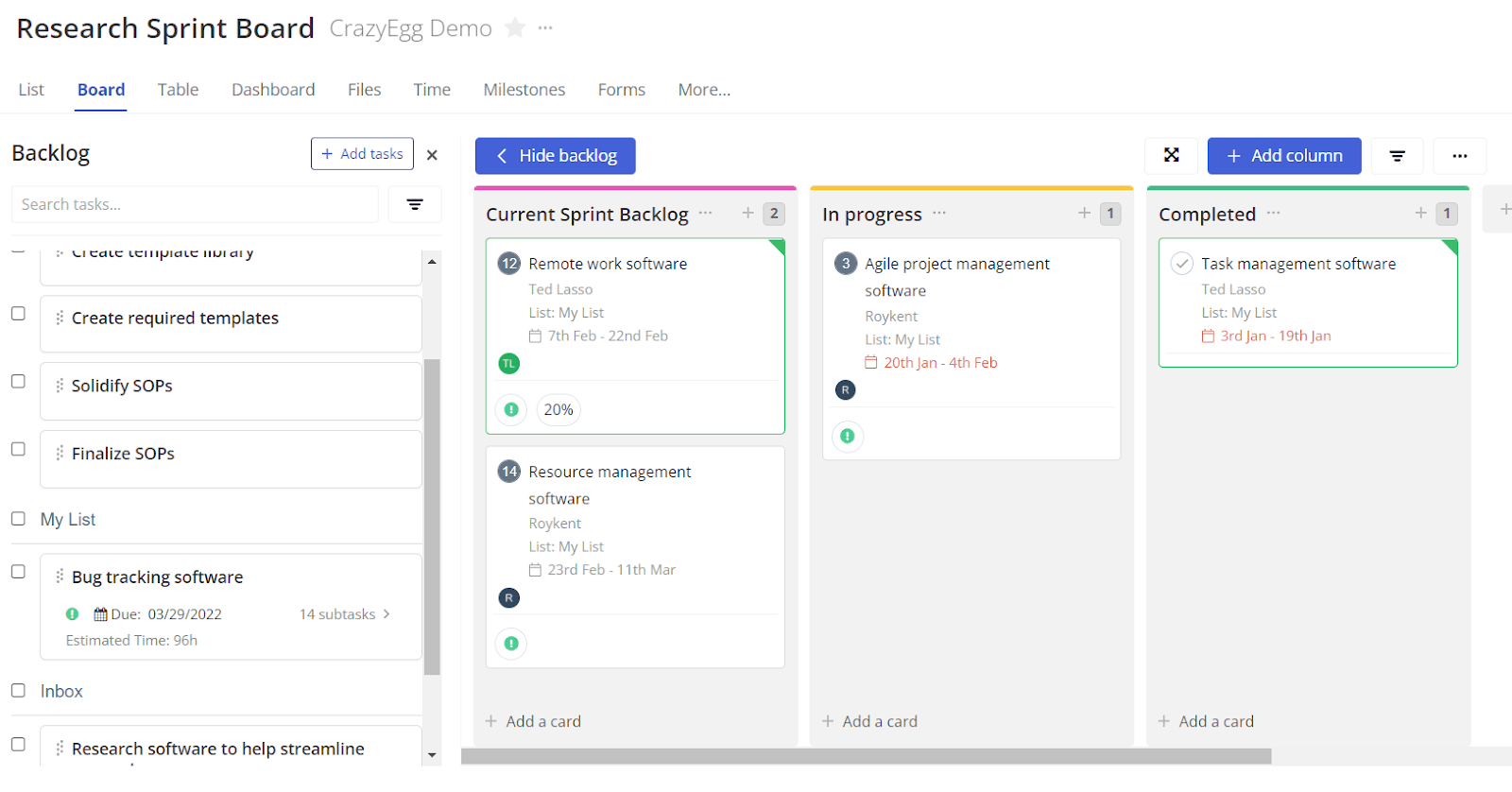 Kanban board view in Teamwork