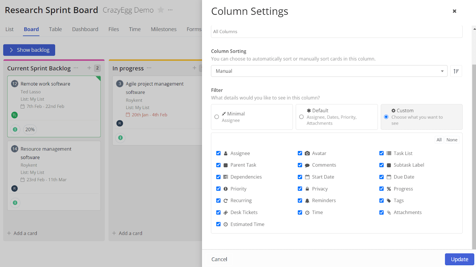 Setting and changing Kanban board columns in Teamwork