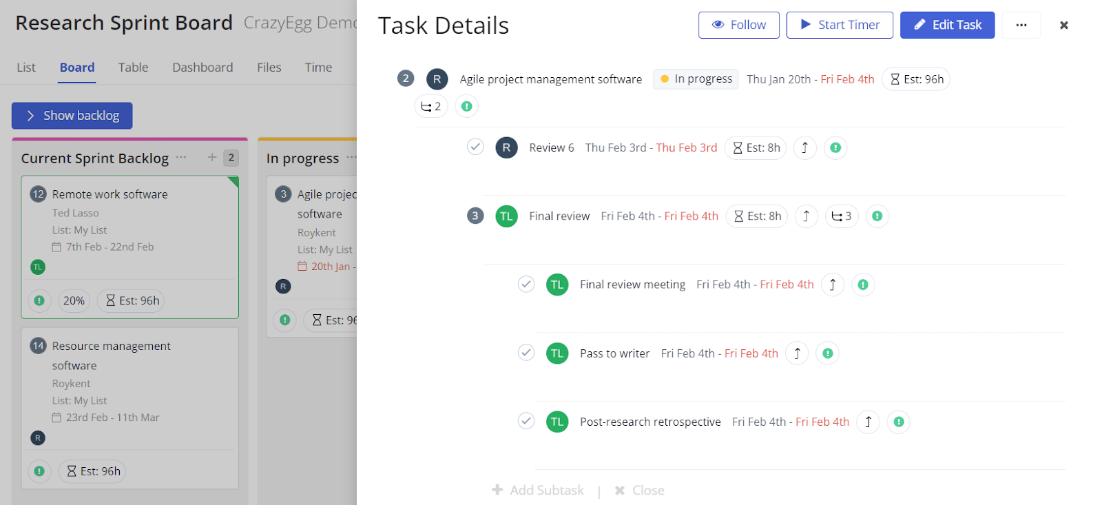 Example subtasks in Teamwork