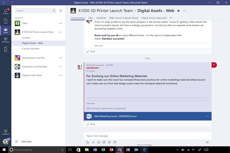 Microsoft Teams user dashboard with Microsoft Word attachment in conversation