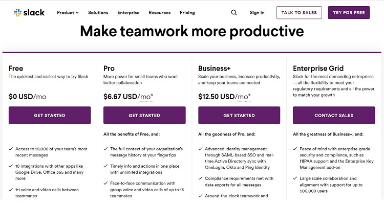Slack pricing plans