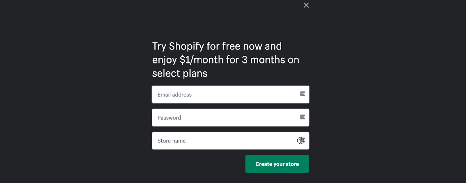 Shopify signup page