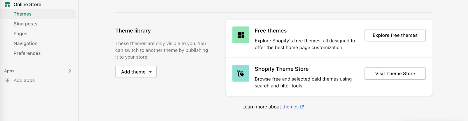 Shopify theme page with buttons for exploring free themes and visiting the theme store