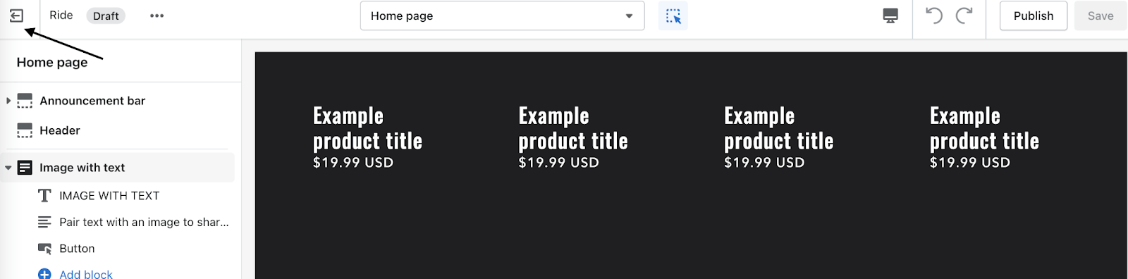 Shopify design editor with black arrow pointing to exit icon