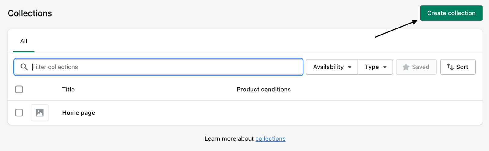 Shopify collections page with black arrow pointing to green button for creating a collection