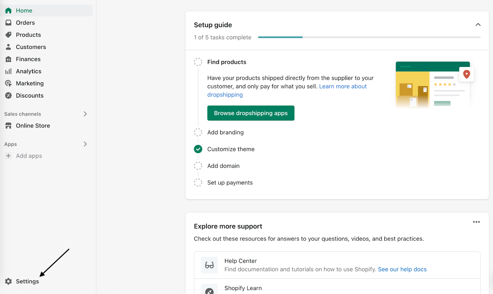 Shopify admin settings page