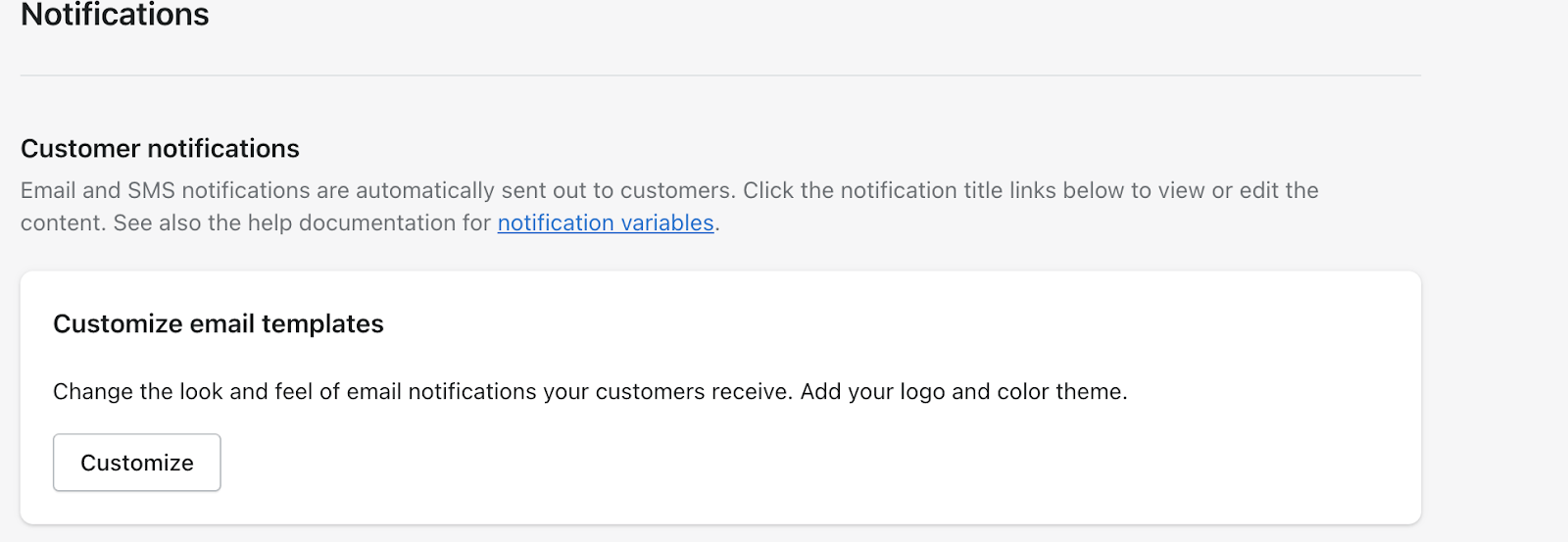 Shopify notifications page with option to customize email templates