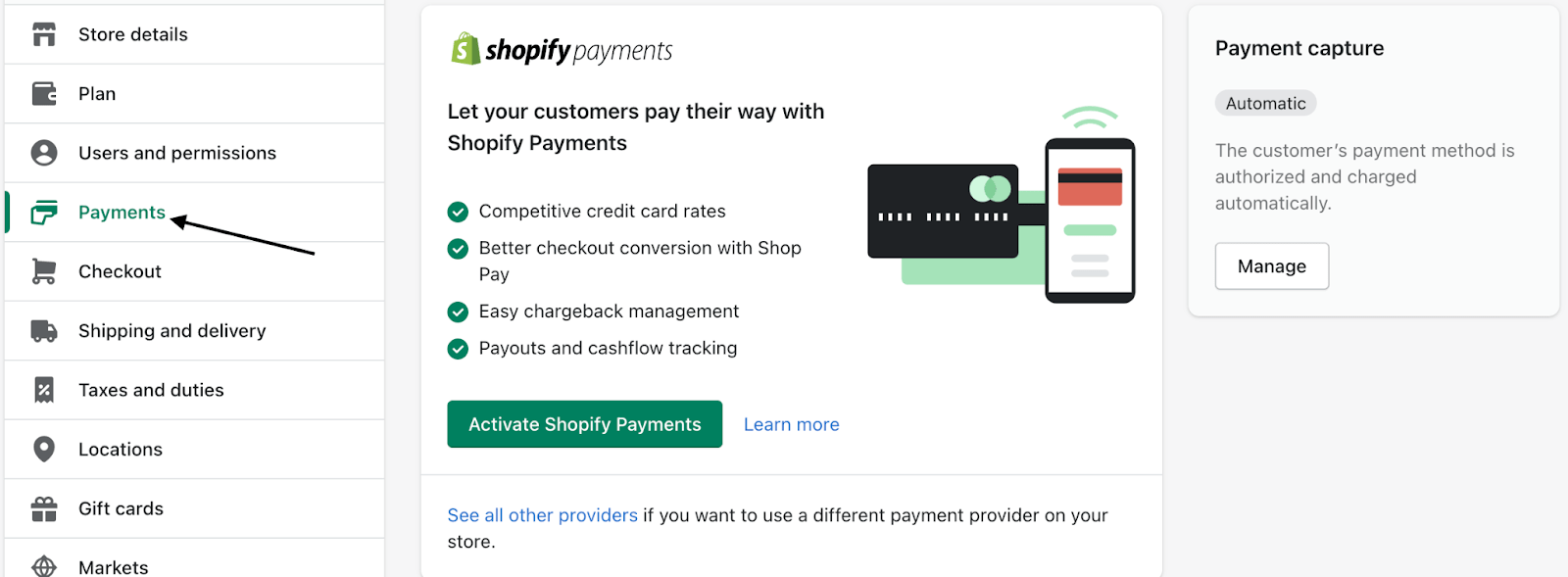 Shopify admin dashboard with black arrow pointing to Payments button