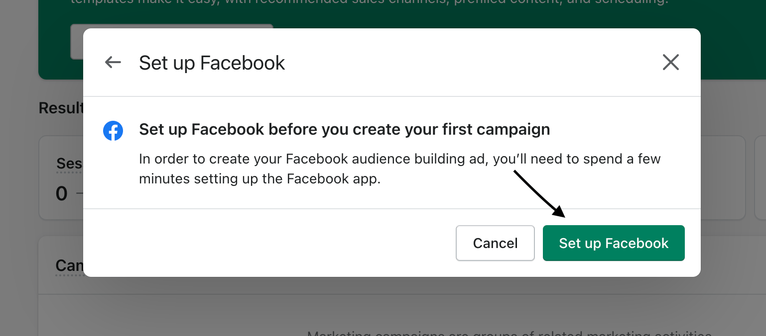 Pop-up window for setting up Facebook on Shopify with black arrow pointing to green button that says Set up Facebook