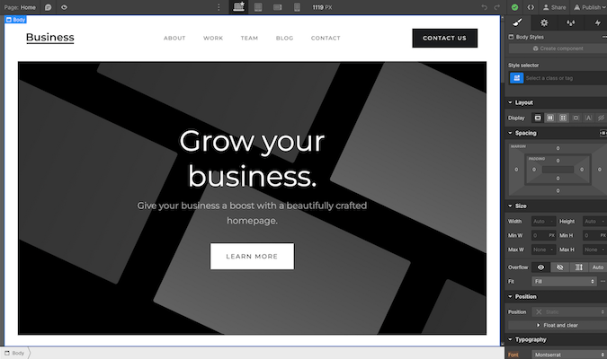 Webflow interface with a grow your business design.