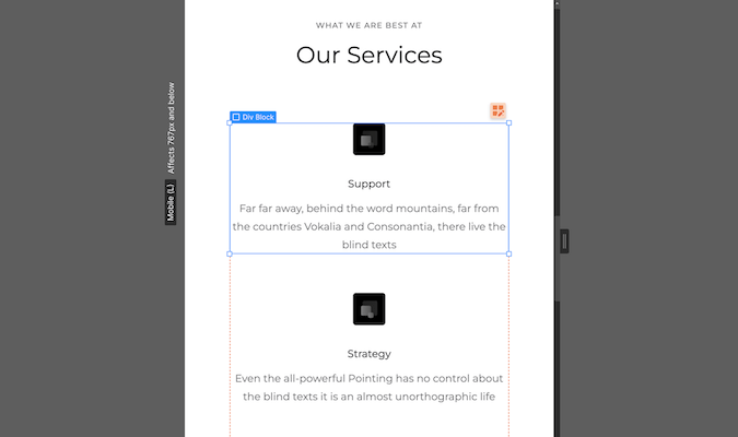 Block editing in Webflow.