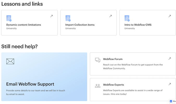 Lessons and links page in Webflow.