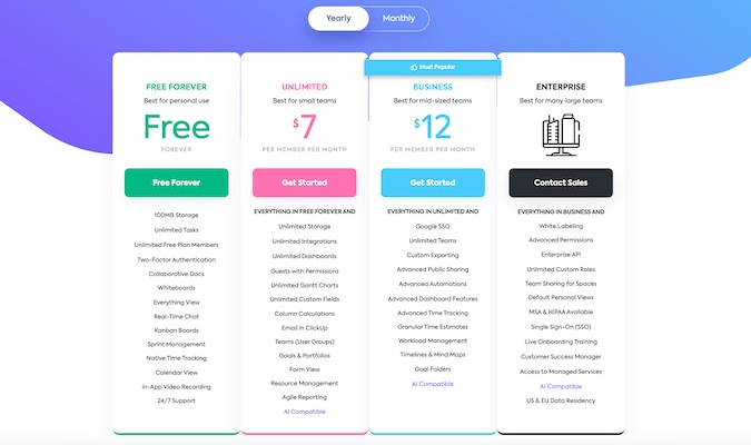 ClickUp pricing page. 