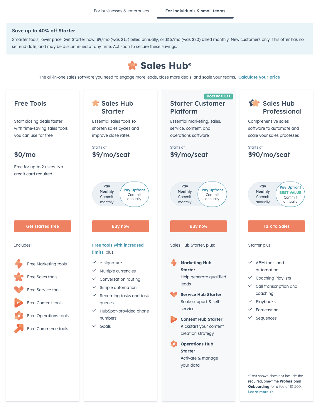 HubSpot Sales Hub pricing page. 