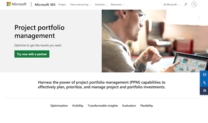 Microsoft Project Portfolio Management page