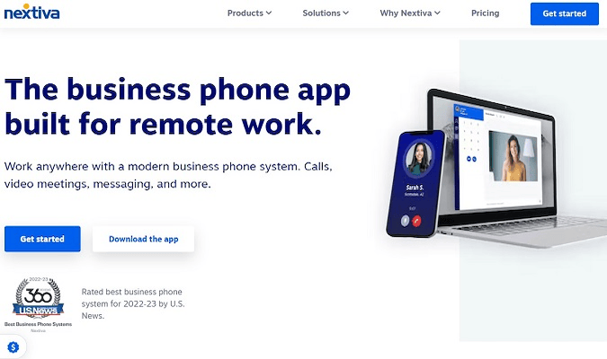 Business phone app landing page with option to click blue get started button. 