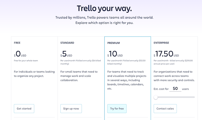 Trello's pricing table showing four plans and prices for each