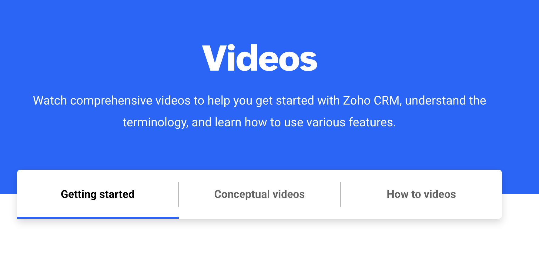 Zoho resources with a screenshot of the video resources. 