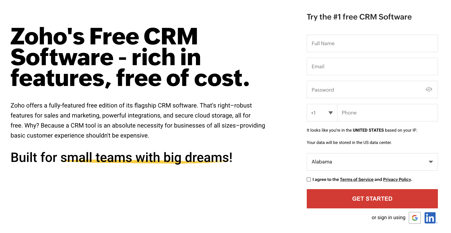 Zoho Free CRM landing page