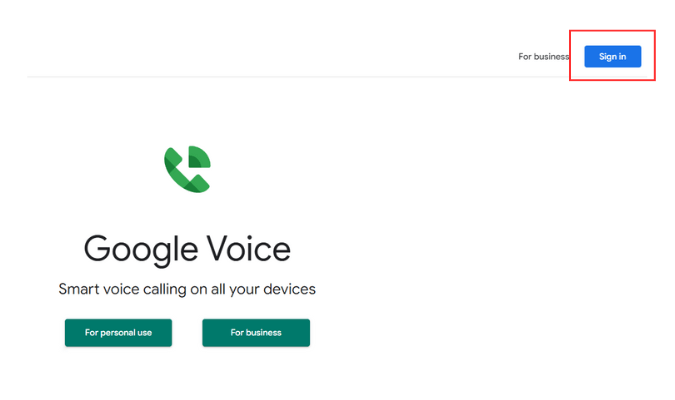 Google Voice webpage with red box around Sign in link