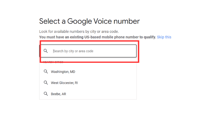 Dropdown to select a Google Voice number with a red box around search box