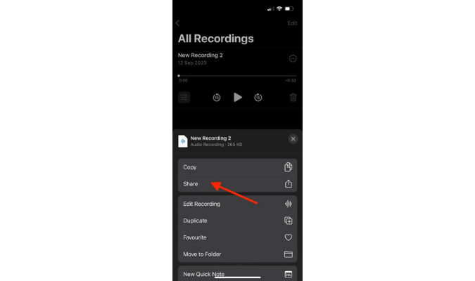 Screenshot of Voice Memos All Recordings screen with red arrow pointing to Share button