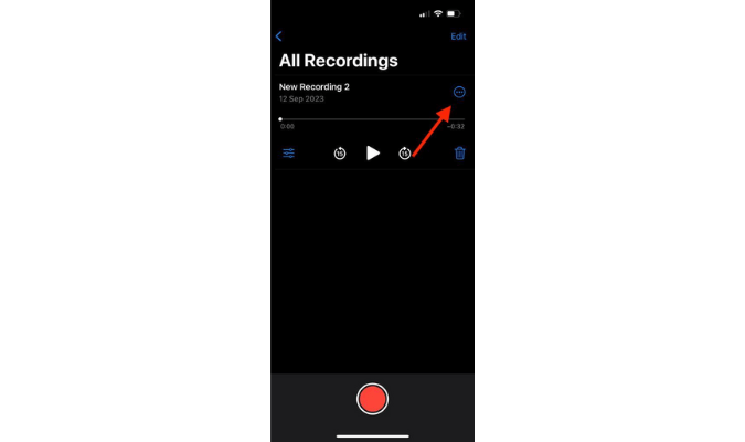 Screenshot of Voice Memos All Recordings screen with red arrow pointing to three dots