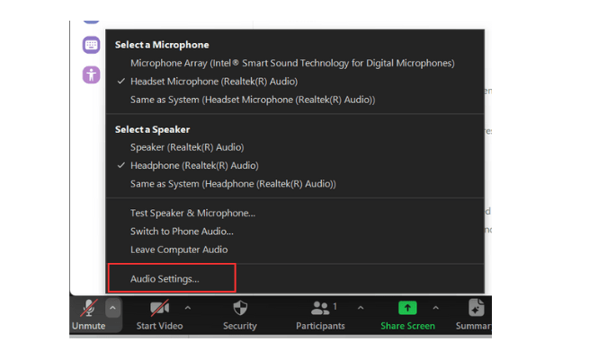 Screenshot of Zoom settings with red box around Audio Settings button