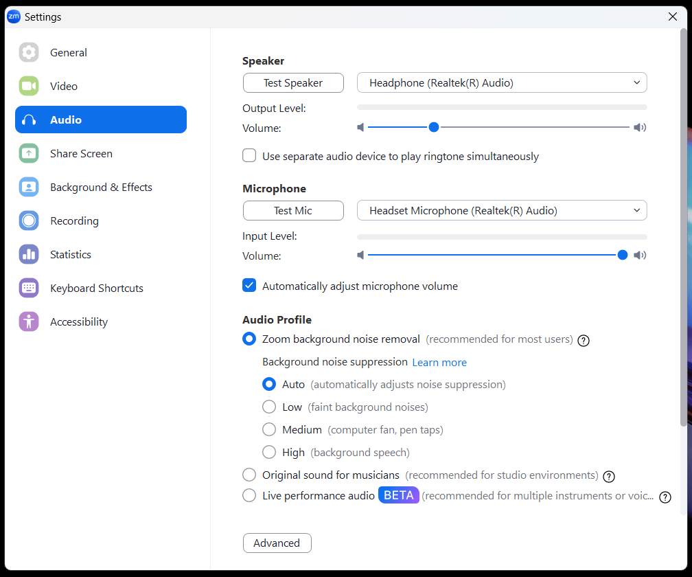 Screenshot of Zoom audio settings screen