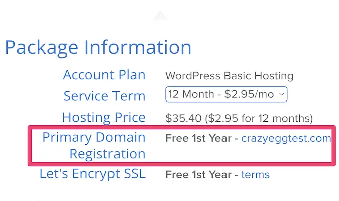 Bluehost's web hosting checkout page showing a free domain for one year
