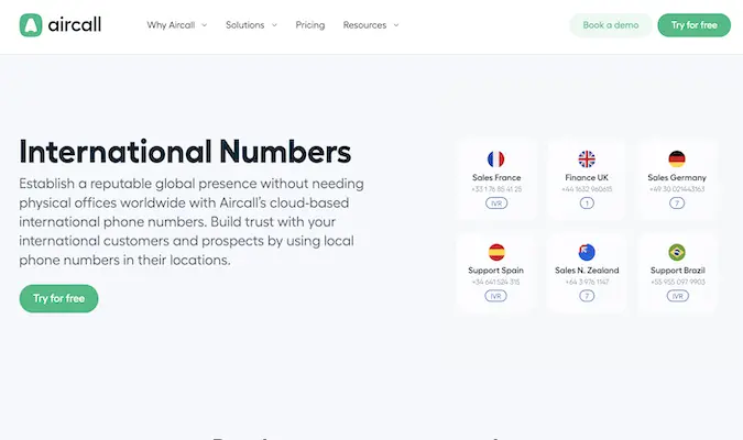Aircall international phone number landing page showing sample numbers in France, UK, Germany, Brazil, Spain, and New Zealand