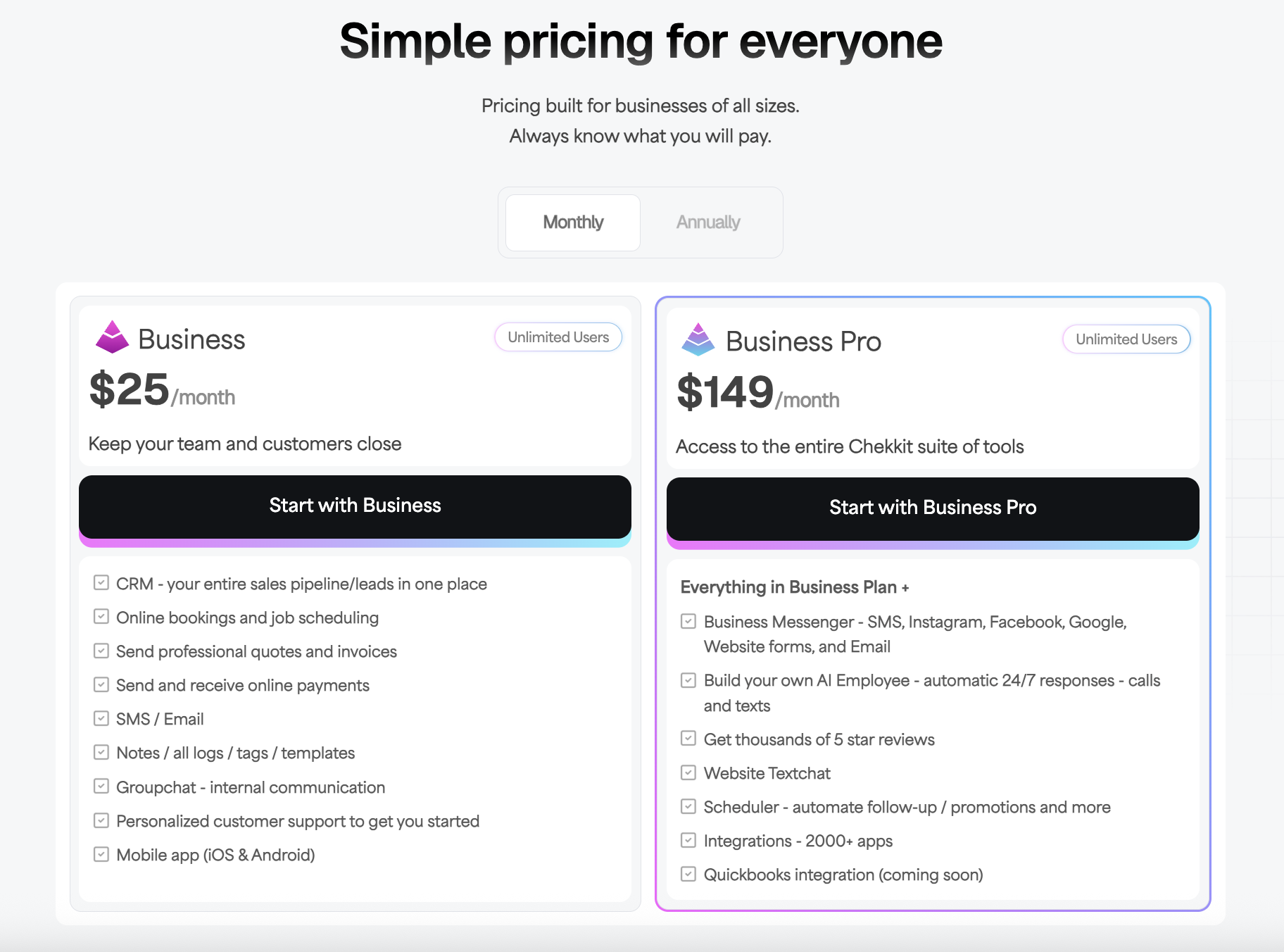 Chekkit Pricing table