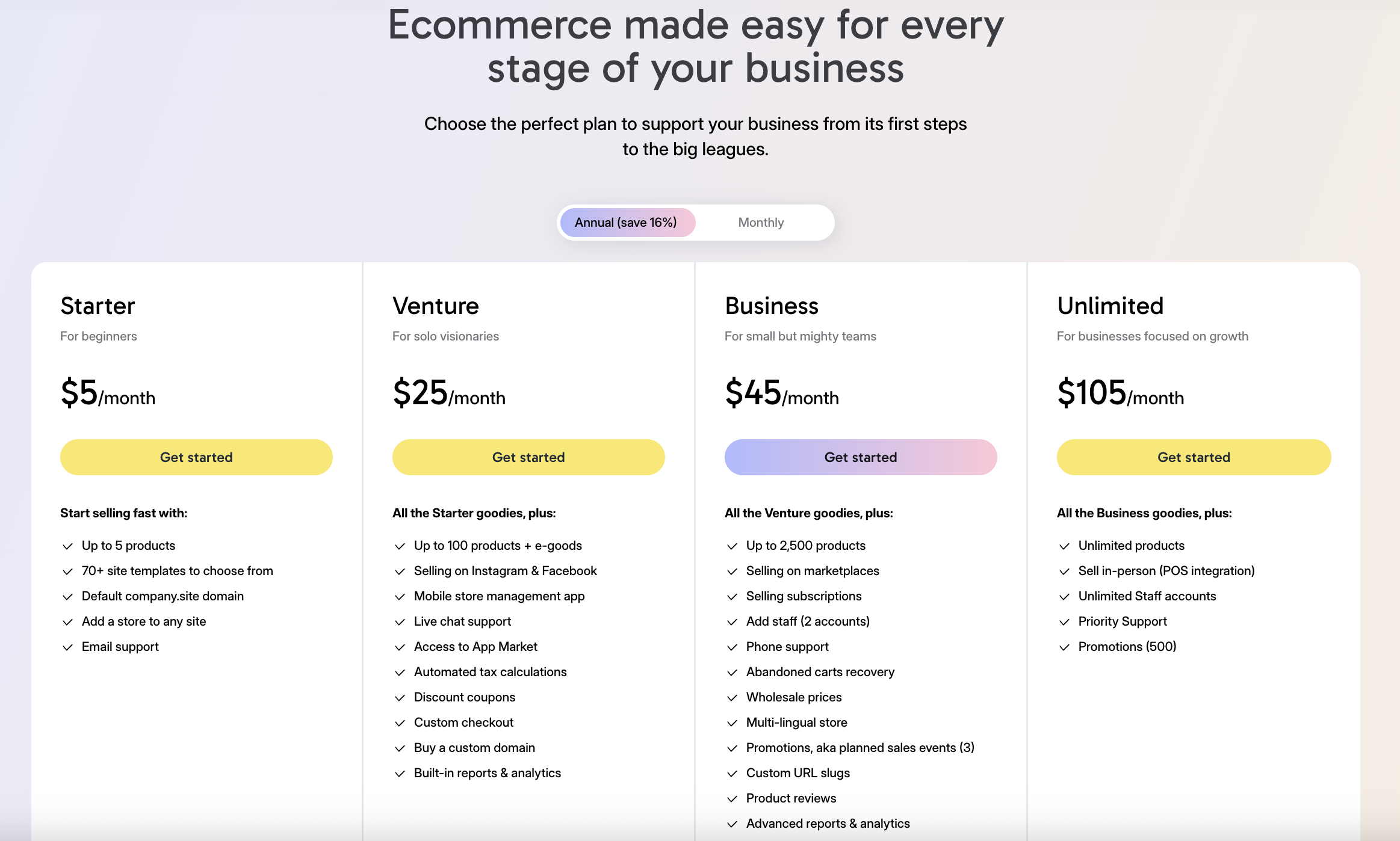 Ecwid pricing page