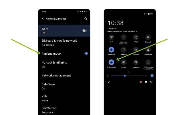 Android Network & Internet settings with a green arrow pointing to the airplane mode setting. 