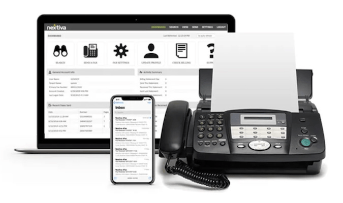 Nextiva fax solutions with a computer, phone, and fax machine pictured.