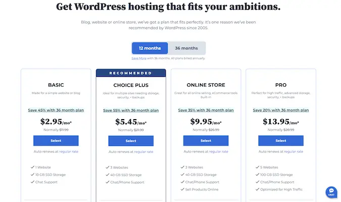 Bluehost's pricing table for WordPress hosting