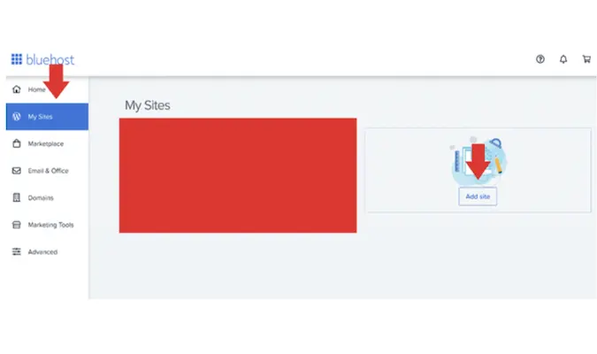 Screenshot of Bluehost's dashboard, with an arrow pointed to a button for adding a new site