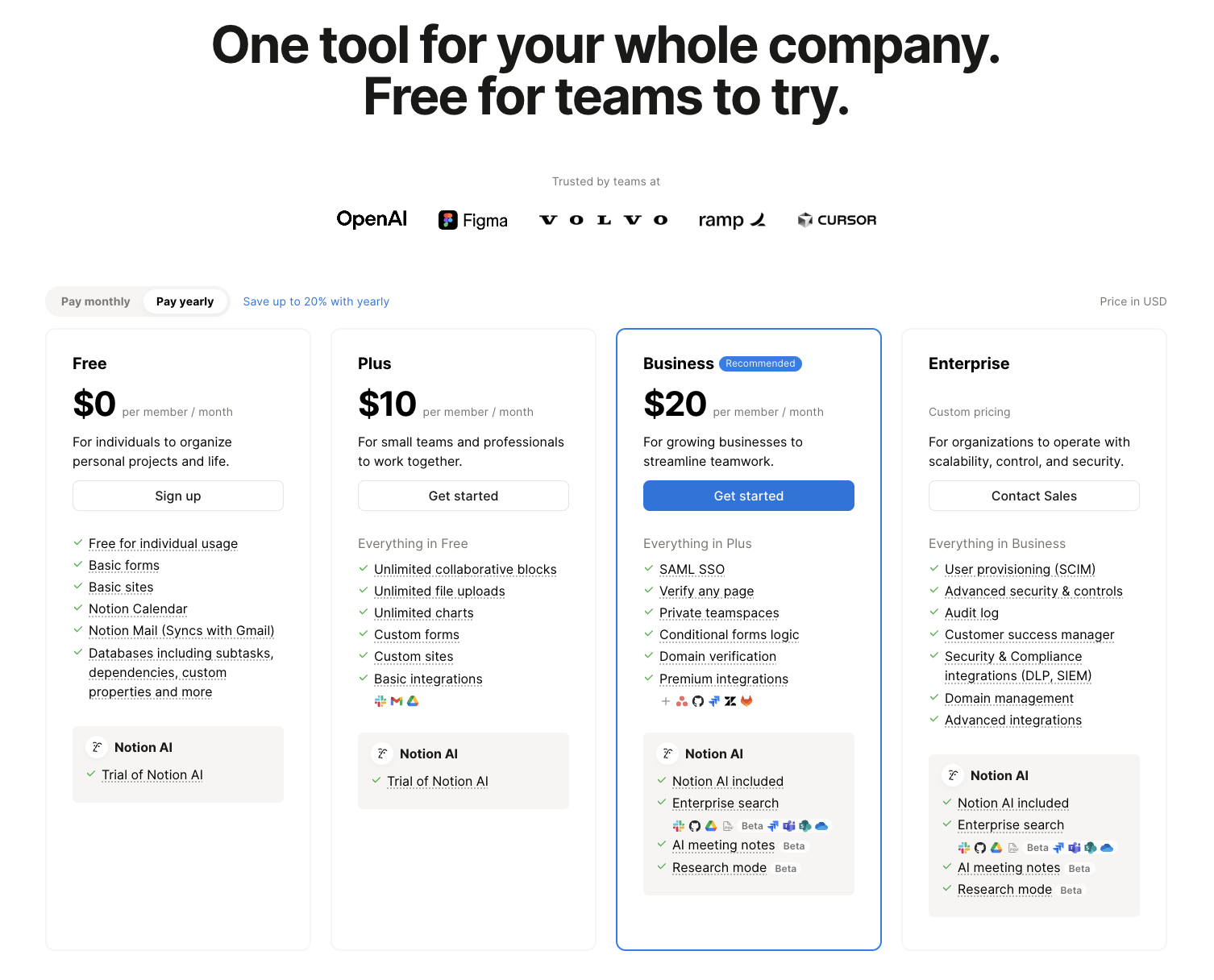 Notion pricing page, showing four different plans with rates and features for each one