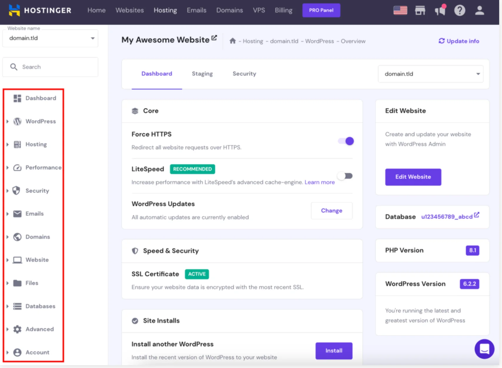 Hostinger hPanel backend