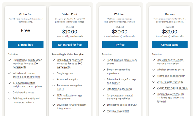 RingCentral Video pricing. Video Pro is free, Video Pro + is $10 per user per month, Webinar is $30 per organizer per month, and Rooms are $39 per room per month