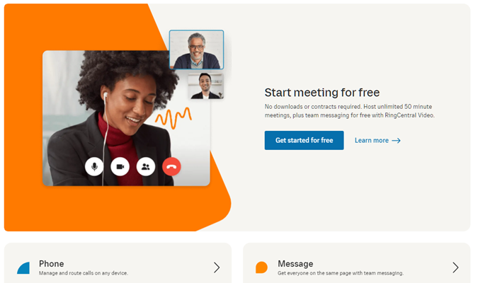 Image of a woman with headphones in talking to two other people in an illustrated video call. Text says Start meeting for free