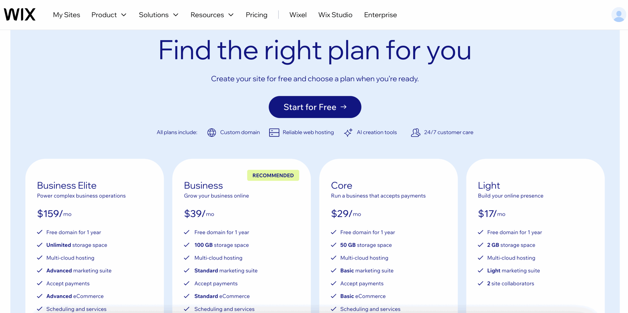 Wix pricing