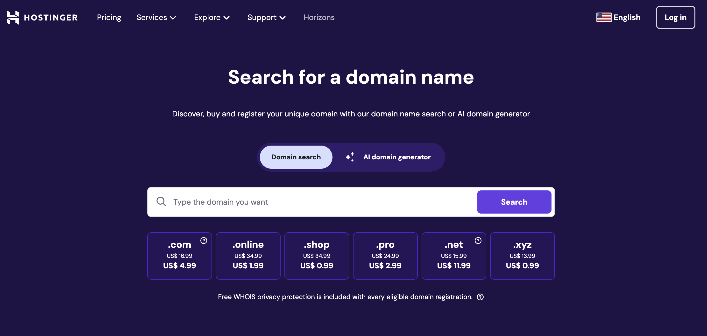 Hostinger domain name search page.