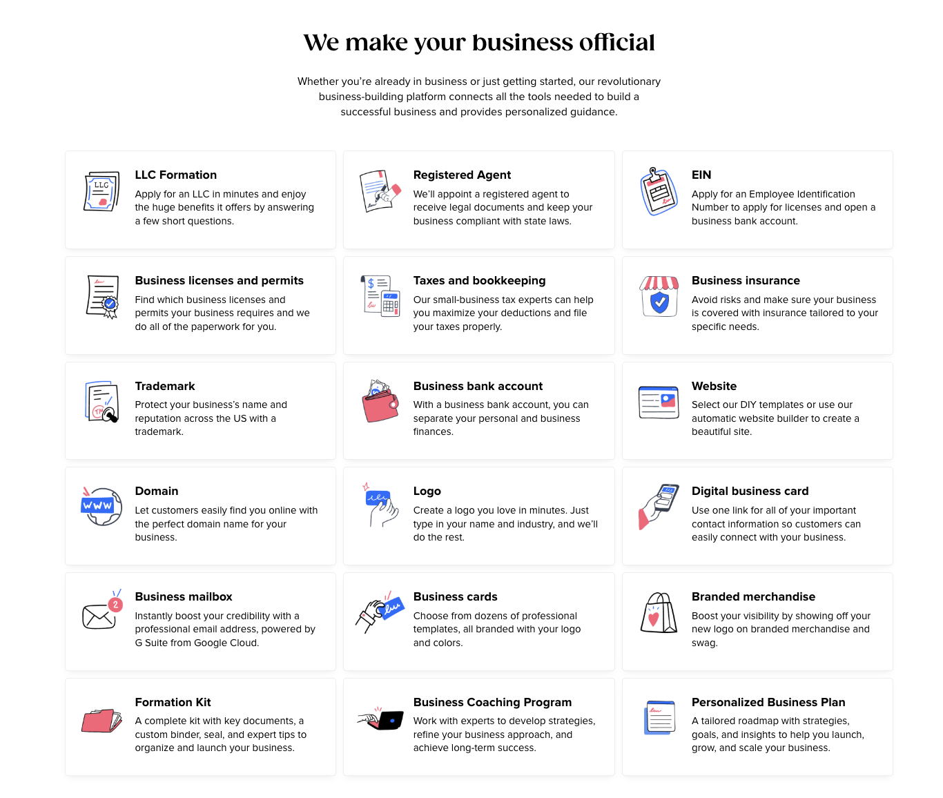 List of Tailor Brands' services: LLC formation, EIN, business licenses and permits, taxes, business insurance, trademarks, bank accounts, logos, websites, domains, digital business cards, and business mailboxes