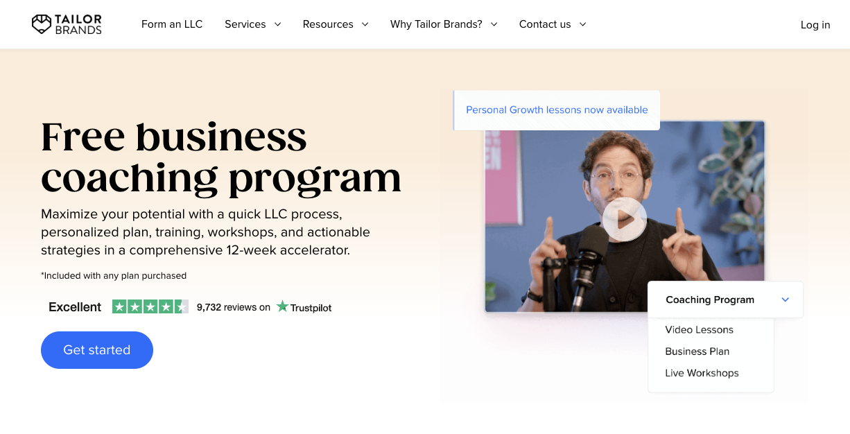Tailor Brands business coaching landing page. 