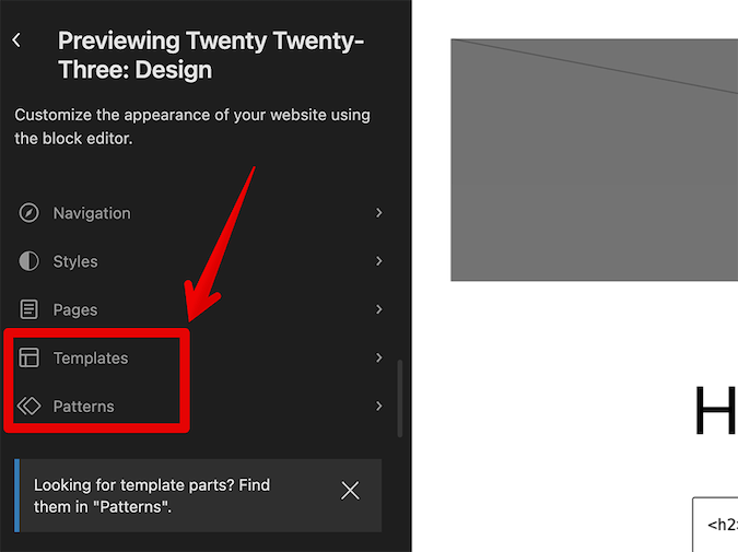 Twenty Twenty-Three theme previewer with red box around Templates and Patterns
