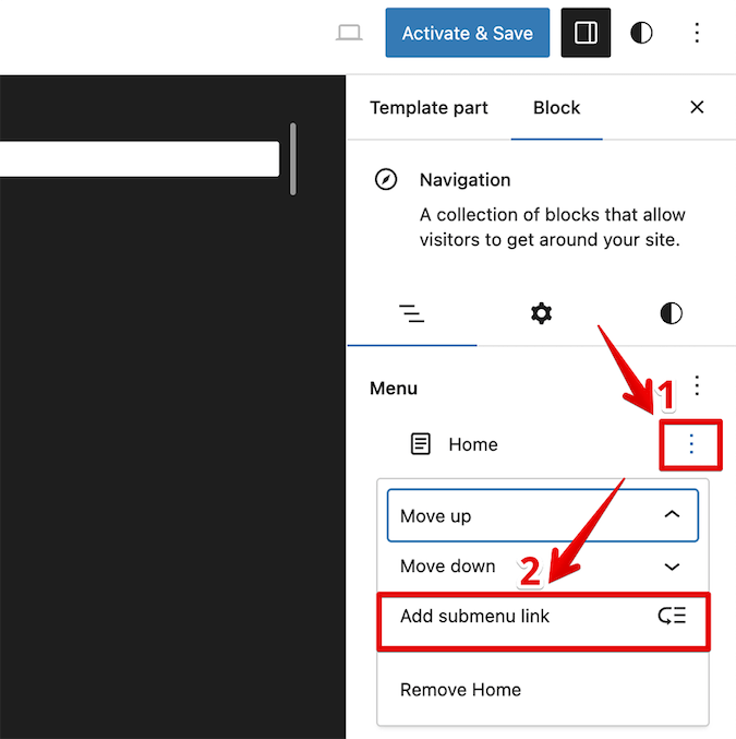 WordPress add submenu link option